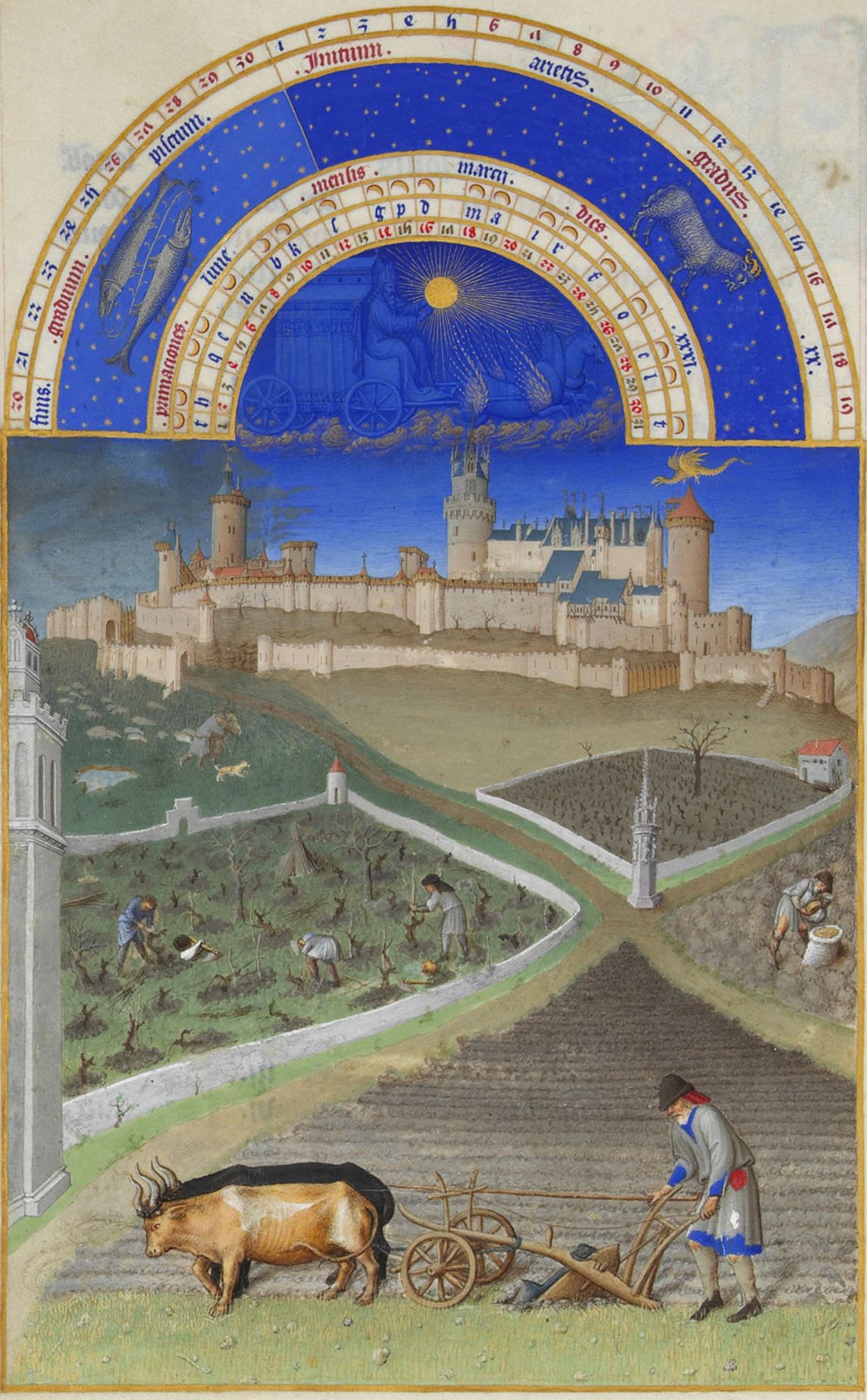 Limbourg Brothers, Tres Riches Heures, March / June / October (plowing, haymaking, sowing), c. 1416