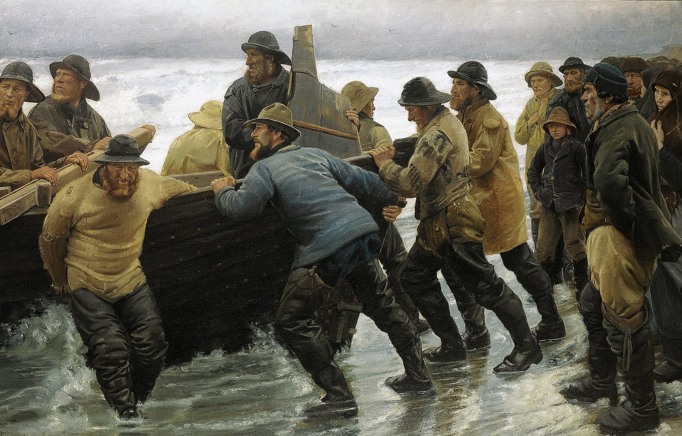 Michael Ancher, Fishermen Launching a Rowboat, 1881