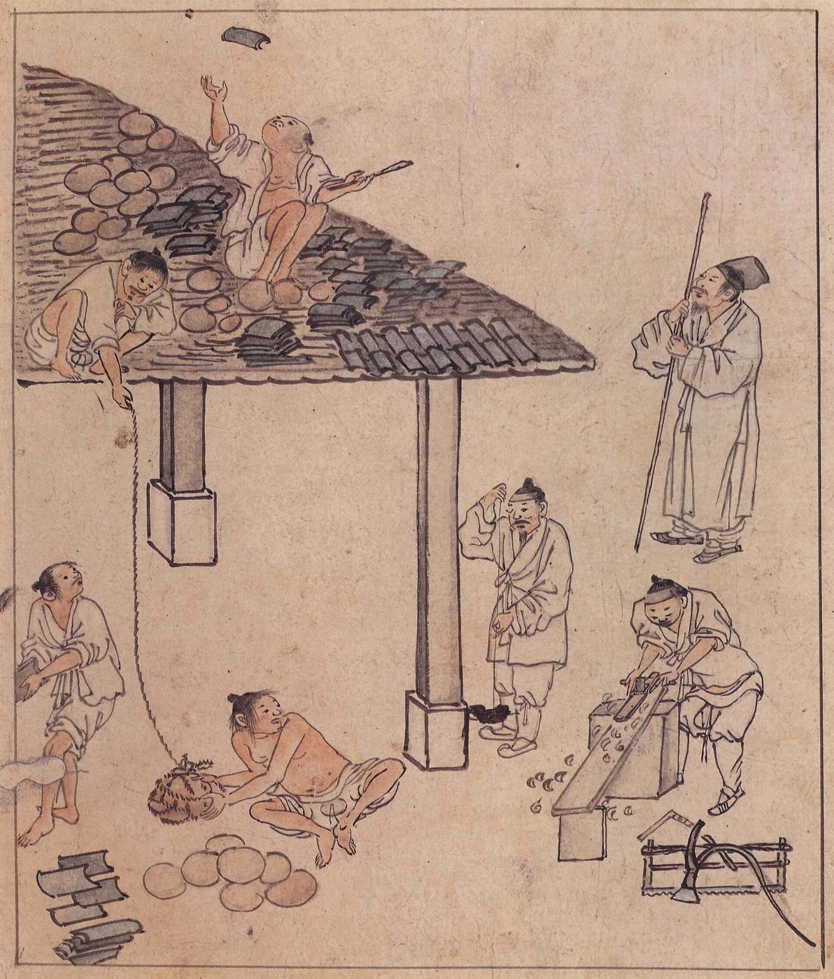 Kim Hong-do, Roof Tiling, late 18th c.
