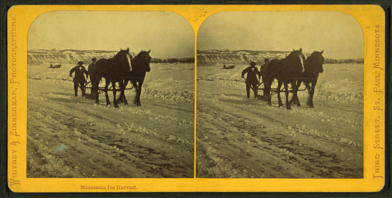 Workers harvesting ice from a frozen Minnesota lake.